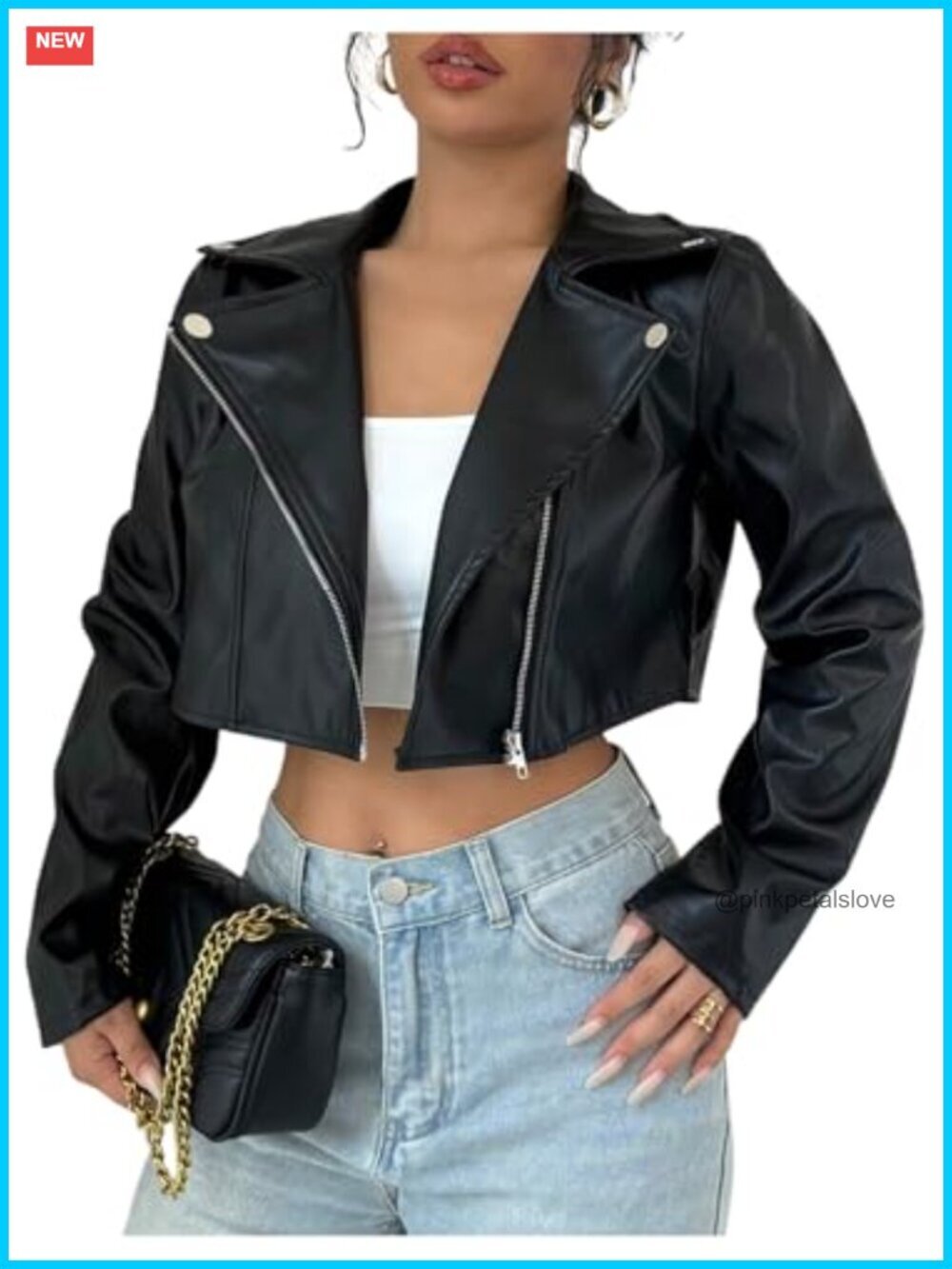 PU Leather Cropped Moto Jacket Zip Up Faux Leather Coat